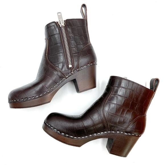 Swedish Hasbeens Zip It Emy Boots Croc Leather Dark Brown Platform Sz 37 / 7 - Picture 5 of 10
